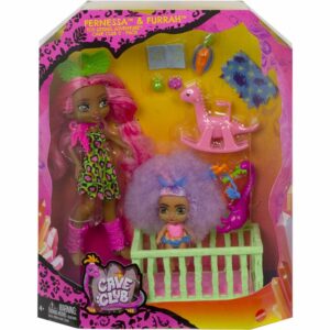 Cave Club coffret Babysitting avec poupée Fernessa aux cheveux roses avec mini-poupée bébé des cavernes et accessoires