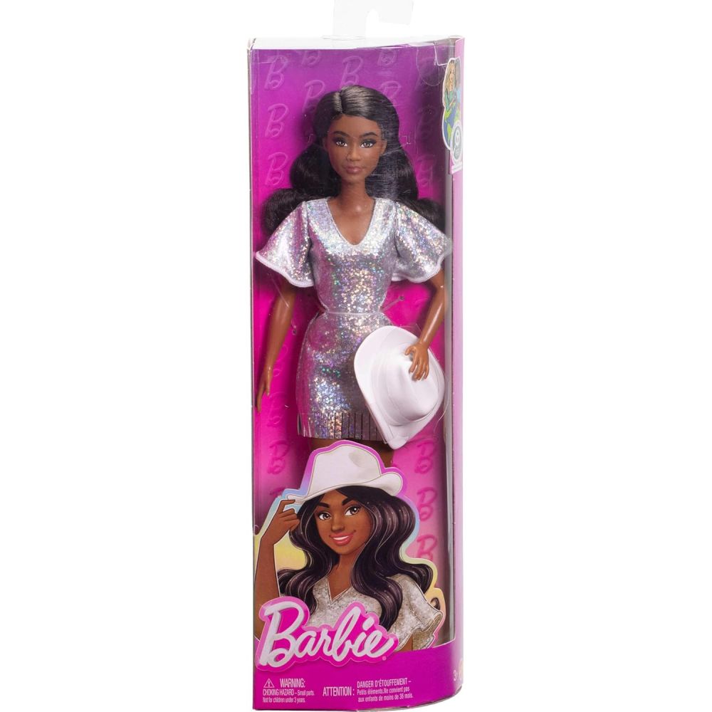 Barbie Poupée Barbie Fashionistas Robe Argentée avec cheveux noirs Barbie Poupée Barbie Fashionistas Robe Argentée avec cheveux noirs